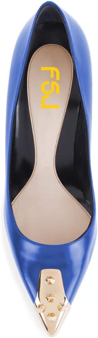 imageFSJ Women Chic Metallic Rivets Pointed Toe Slip On Pumps High Stiletto Gold Heels Party Cocktail Prom Shoes 415 USBlue