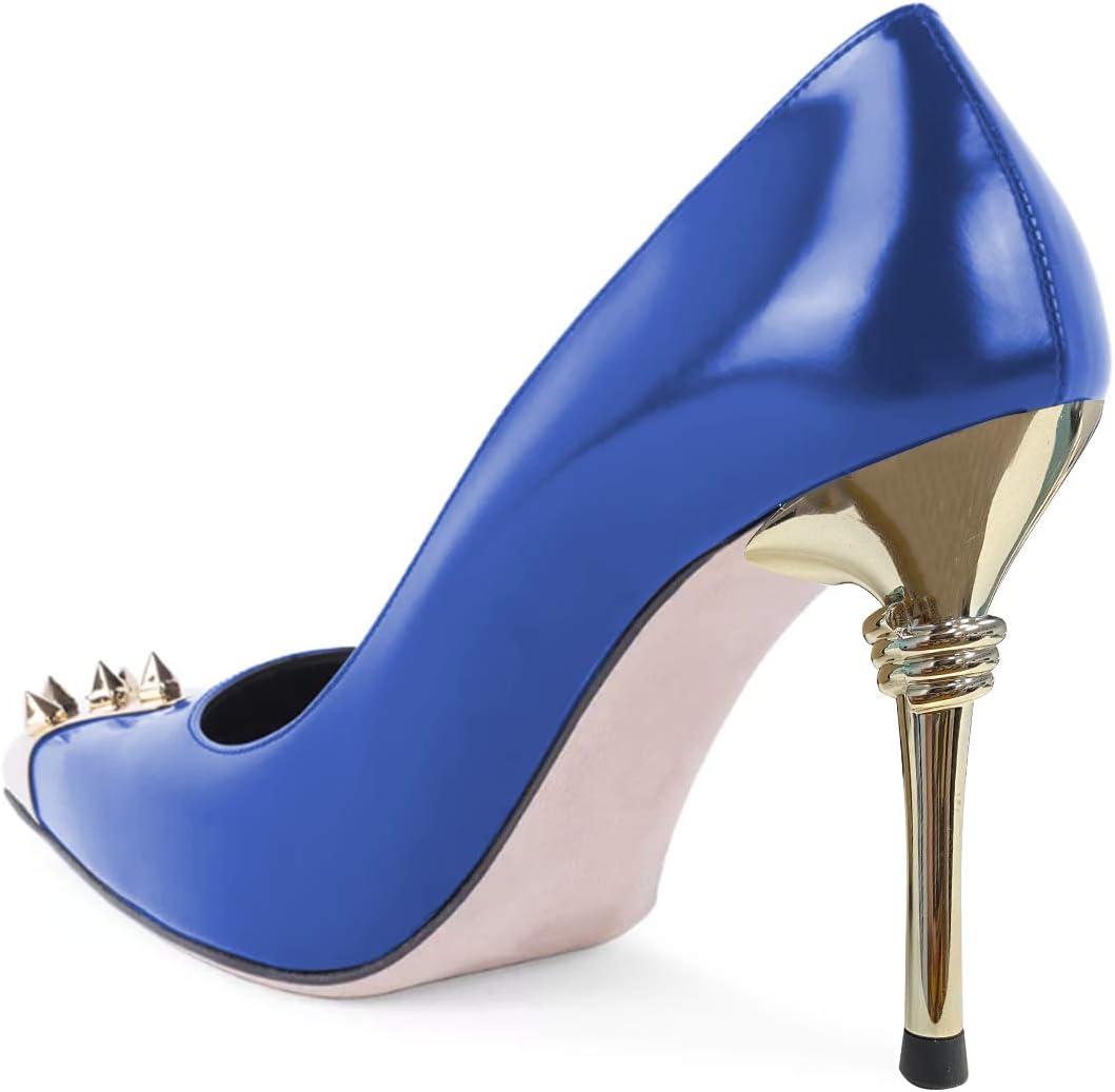 imageFSJ Women Chic Metallic Rivets Pointed Toe Slip On Pumps High Stiletto Gold Heels Party Cocktail Prom Shoes 415 USBlue