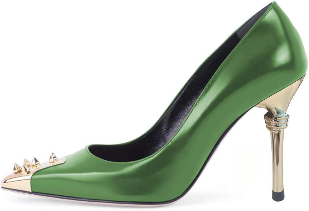 imageFSJ Women Chic Metallic Rivets Pointed Toe Slip On Pumps High Stiletto Gold Heels Party Cocktail Prom Shoes 415 USGreen