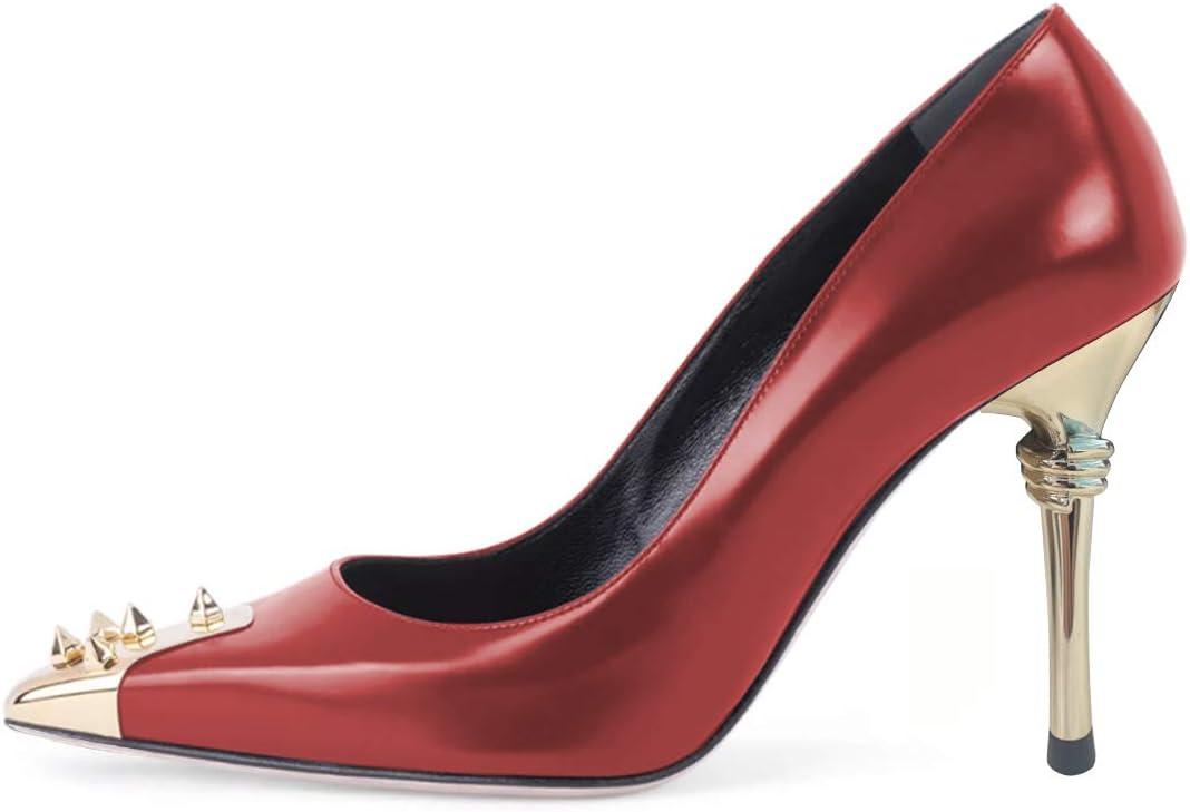 imageFSJ Women Chic Metallic Rivets Pointed Toe Slip On Pumps High Stiletto Gold Heels Party Cocktail Prom Shoes 415 USRed