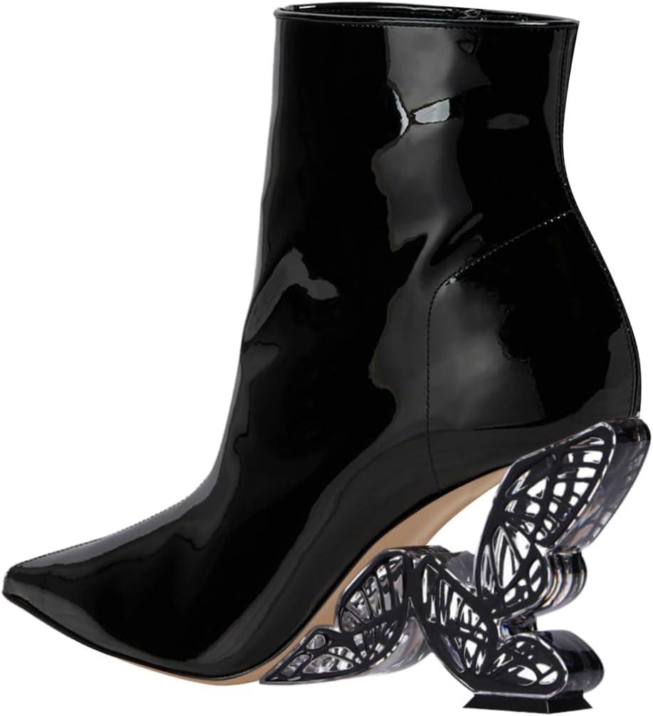 imageFSJ Women Chic Pointed Toe Butterfly High Heel Ankle Boots Side Zipper Glossy Leather Booties Casual Fashion Party Shoes Size 416 USBlack