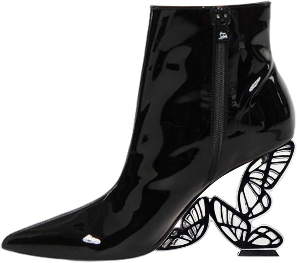 imageFSJ Women Chic Pointed Toe Butterfly High Heel Ankle Boots Side Zipper Glossy Leather Booties Casual Fashion Party Shoes Size 416 USBlack