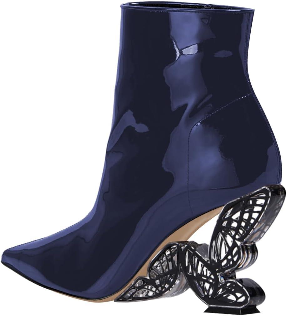 imageFSJ Women Chic Pointed Toe Butterfly High Heel Ankle Boots Side Zipper Glossy Leather Booties Casual Fashion Party Shoes Size 416 USBlue