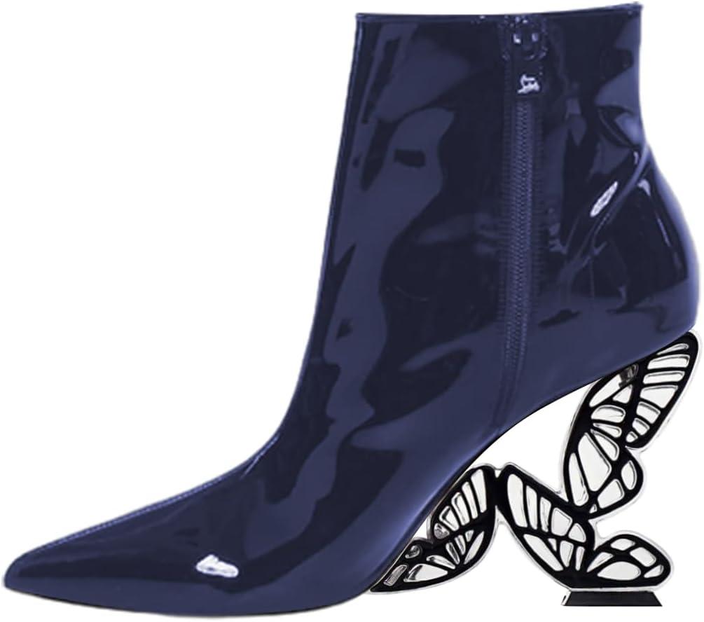 imageFSJ Women Chic Pointed Toe Butterfly High Heel Ankle Boots Side Zipper Glossy Leather Booties Casual Fashion Party Shoes Size 416 USBlue