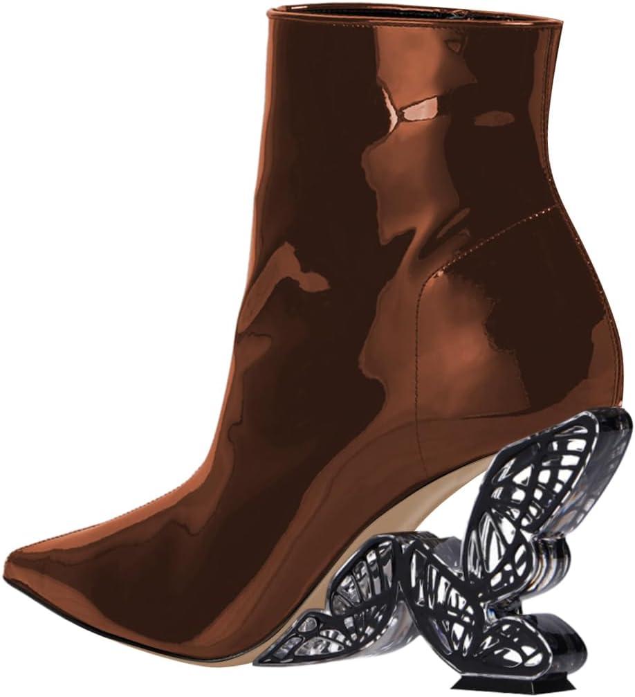 imageFSJ Women Chic Pointed Toe Butterfly High Heel Ankle Boots Side Zipper Glossy Leather Booties Casual Fashion Party Shoes Size 416 USBrown