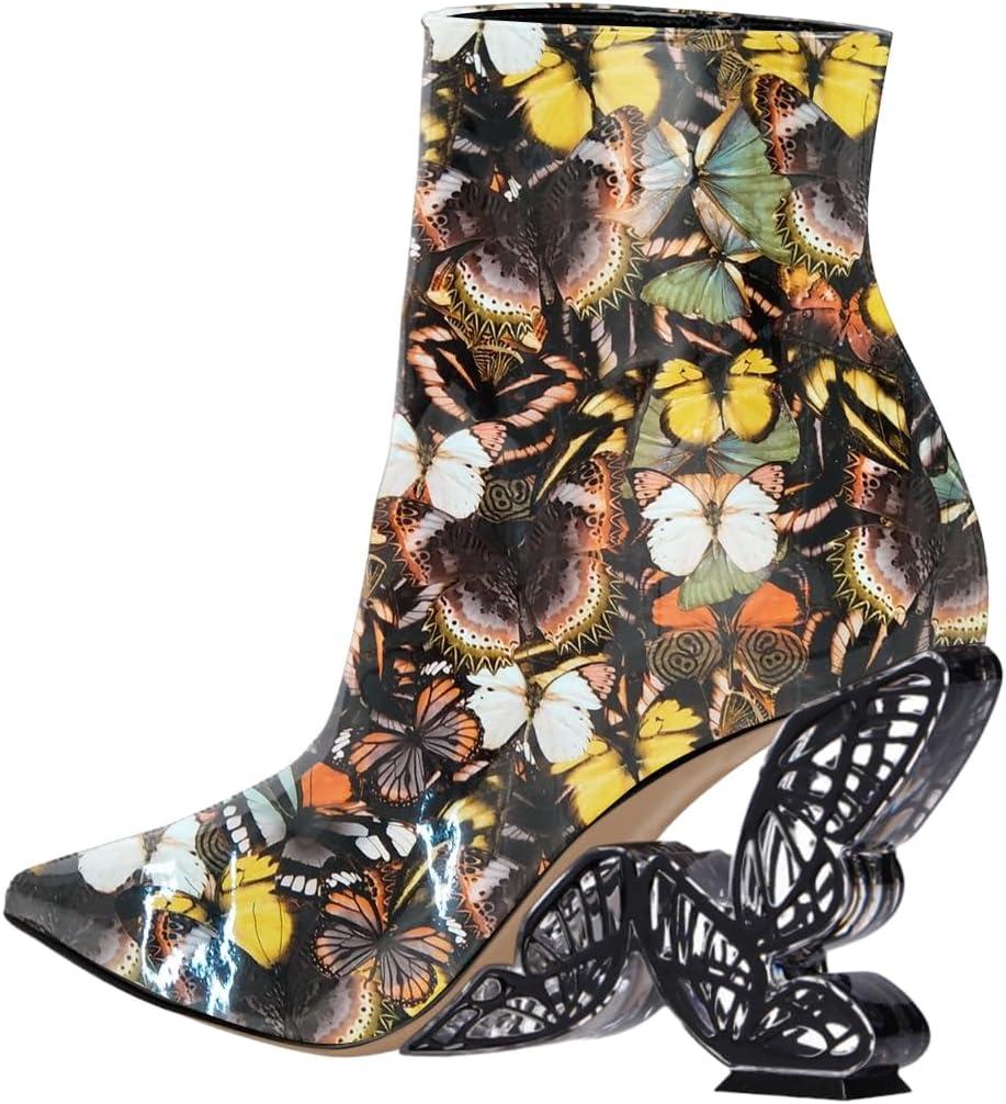 imageFSJ Women Chic Pointed Toe Butterfly High Heel Ankle Boots Side Zipper Glossy Leather Booties Casual Fashion Party Shoes Size 416 USButterfly