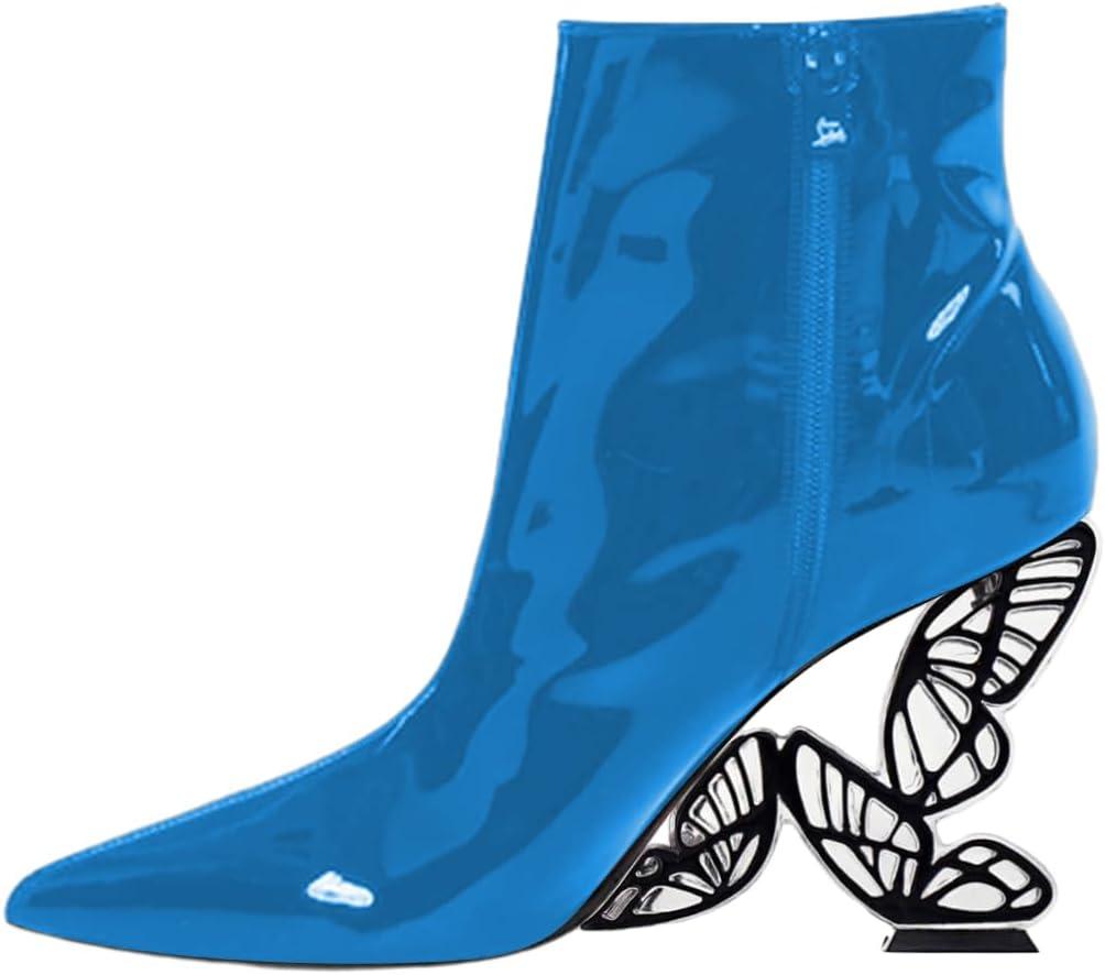 imageFSJ Women Chic Pointed Toe Butterfly High Heel Ankle Boots Side Zipper Glossy Leather Booties Casual Fashion Party Shoes Size 416 USDeepskyblue