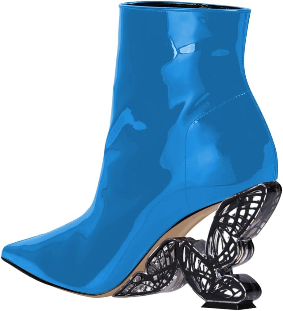 imageFSJ Women Chic Pointed Toe Butterfly High Heel Ankle Boots Side Zipper Glossy Leather Booties Casual Fashion Party Shoes Size 416 USDeepskyblue