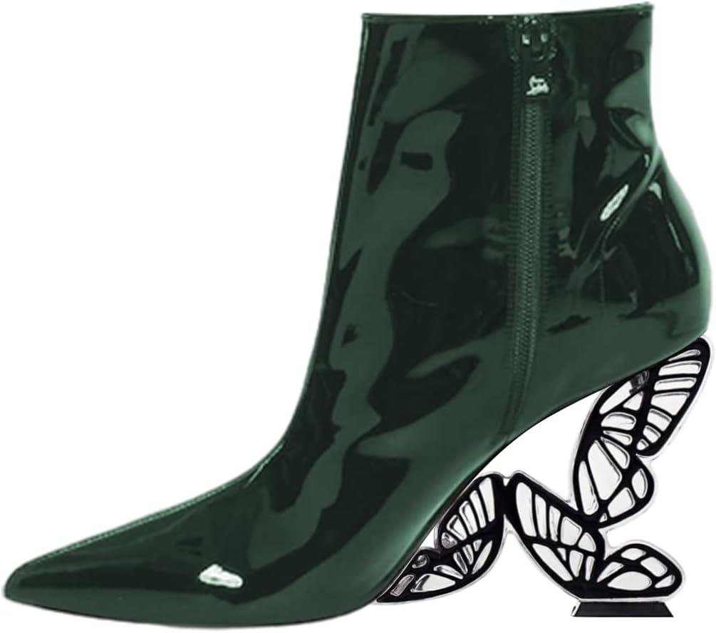 imageFSJ Women Chic Pointed Toe Butterfly High Heel Ankle Boots Side Zipper Glossy Leather Booties Casual Fashion Party Shoes Size 416 USGreen