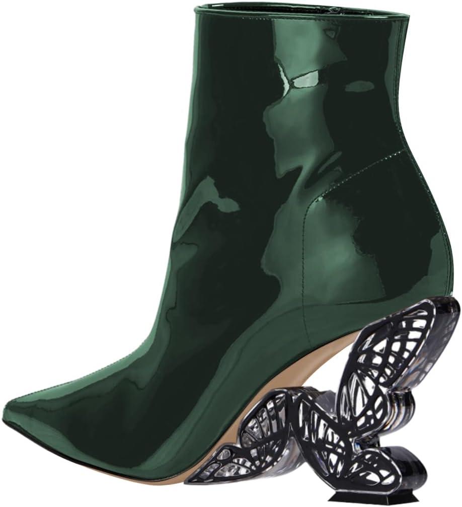 imageFSJ Women Chic Pointed Toe Butterfly High Heel Ankle Boots Side Zipper Glossy Leather Booties Casual Fashion Party Shoes Size 416 USGreen