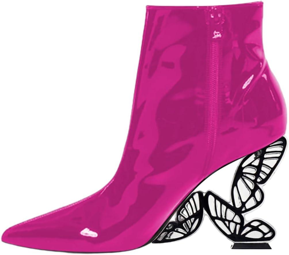 imageFSJ Women Chic Pointed Toe Butterfly High Heel Ankle Boots Side Zipper Glossy Leather Booties Casual Fashion Party Shoes Size 416 USHot Pink
