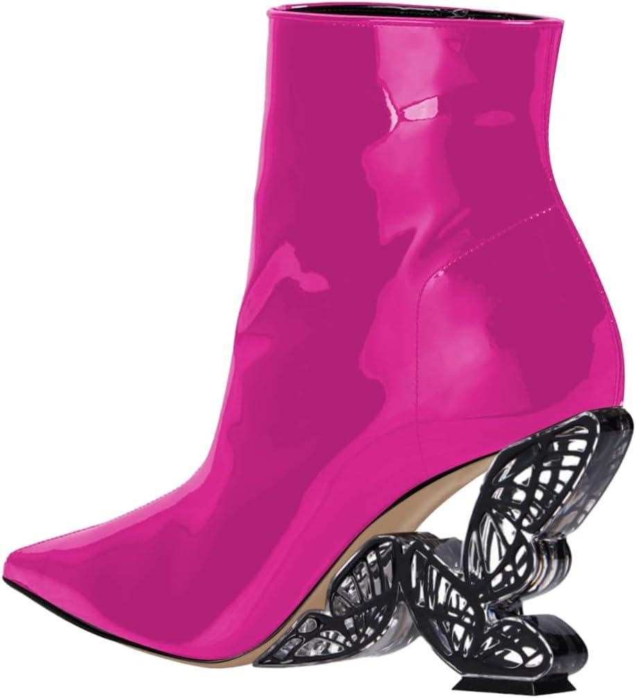imageFSJ Women Chic Pointed Toe Butterfly High Heel Ankle Boots Side Zipper Glossy Leather Booties Casual Fashion Party Shoes Size 416 USHot Pink