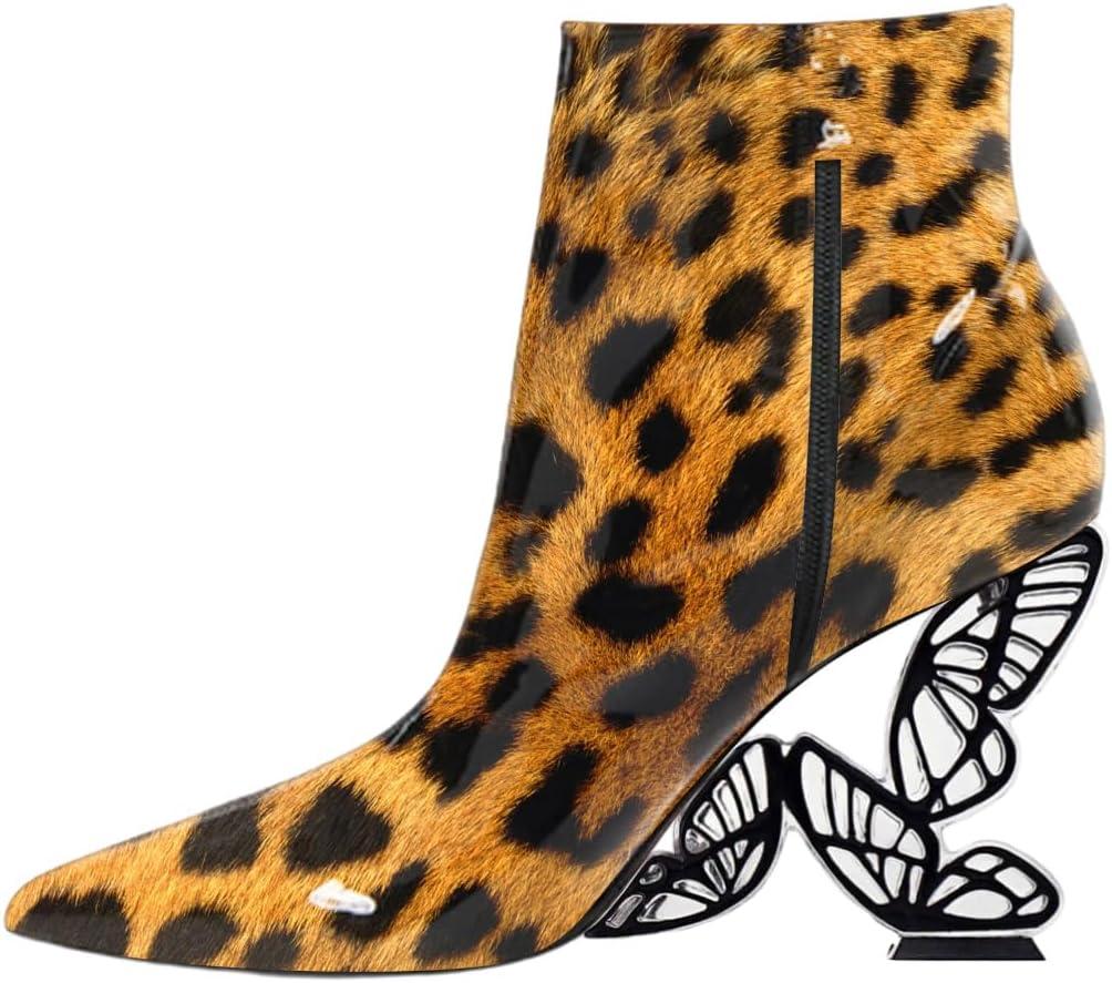 imageFSJ Women Chic Pointed Toe Butterfly High Heel Ankle Boots Side Zipper Glossy Leather Booties Casual Fashion Party Shoes Size 416 USLeopard