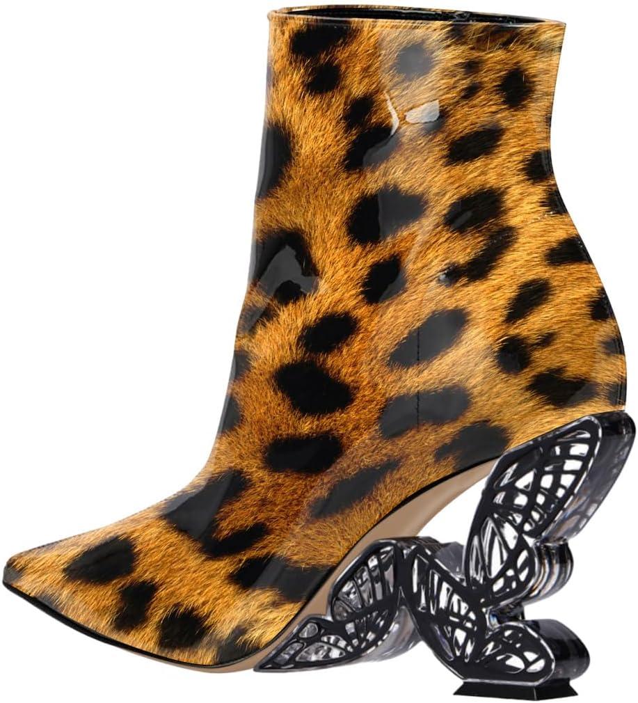 imageFSJ Women Chic Pointed Toe Butterfly High Heel Ankle Boots Side Zipper Glossy Leather Booties Casual Fashion Party Shoes Size 416 USLeopard
