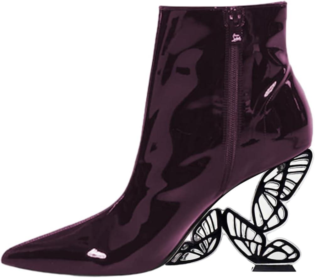 imageFSJ Women Chic Pointed Toe Butterfly High Heel Ankle Boots Side Zipper Glossy Leather Booties Casual Fashion Party Shoes Size 416 USPurple