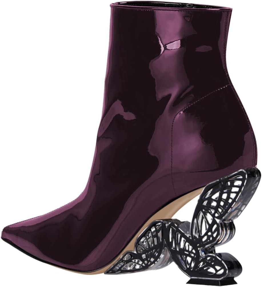 imageFSJ Women Chic Pointed Toe Butterfly High Heel Ankle Boots Side Zipper Glossy Leather Booties Casual Fashion Party Shoes Size 416 USPurple
