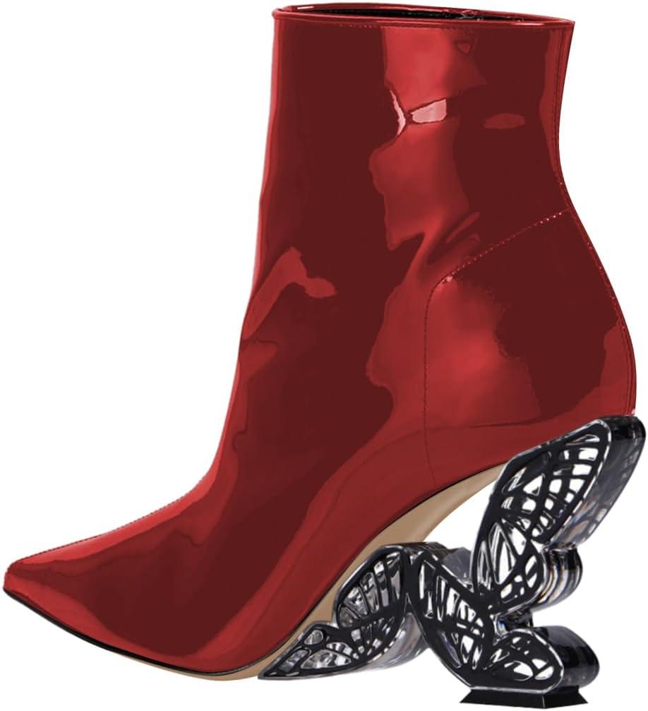 imageFSJ Women Chic Pointed Toe Butterfly High Heel Ankle Boots Side Zipper Glossy Leather Booties Casual Fashion Party Shoes Size 416 USRed
