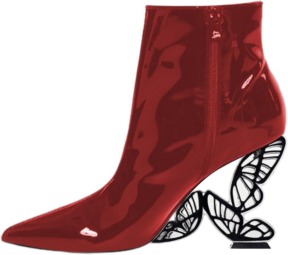 imageFSJ Women Chic Pointed Toe Butterfly High Heel Ankle Boots Side Zipper Glossy Leather Booties Casual Fashion Party Shoes Size 416 USRed
