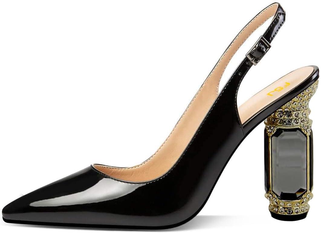 imageFSJ Women Crystal Chunky Heel Slingback Pumps Block High Heels Sandals Sexy Pointed Toe Ankle Buckle Wedding Cocktail Shoes Size 415 USBlack