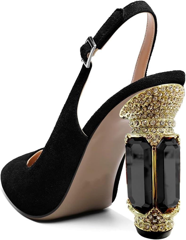 imageFSJ Women Crystal Chunky Heel Slingback Pumps Block High Heels Sandals Sexy Pointed Toe Ankle Buckle Wedding Cocktail Shoes Size 415 USBlack Suede