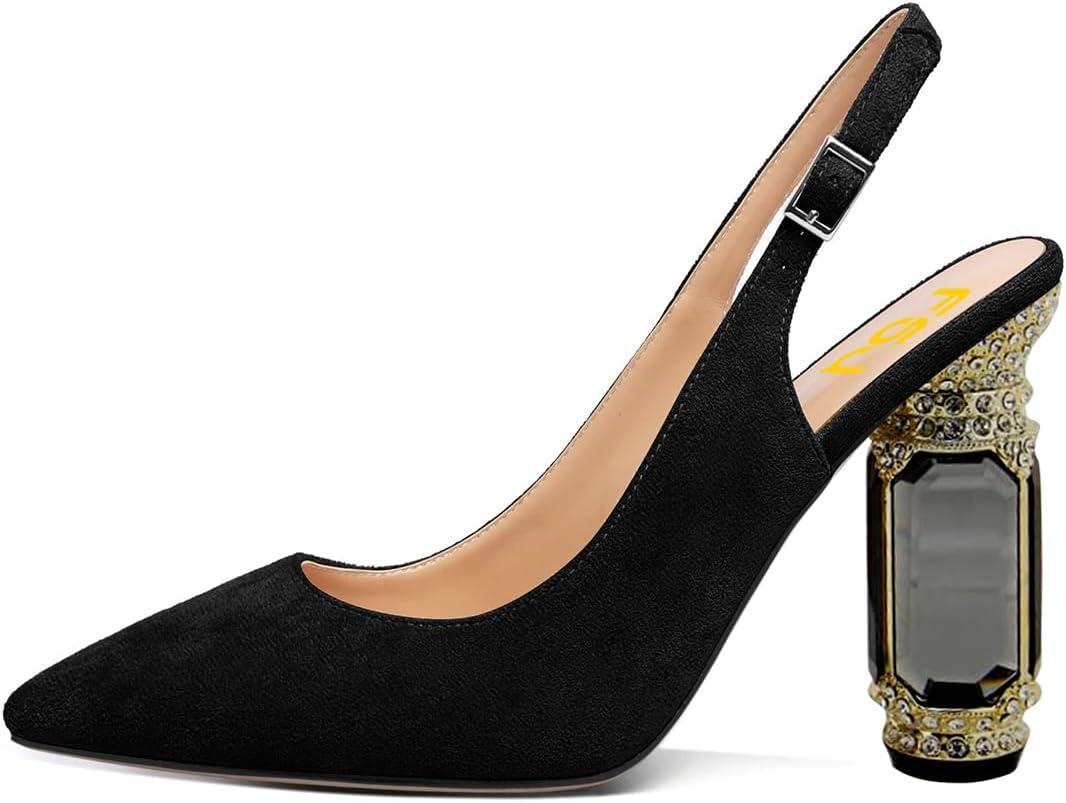 imageFSJ Women Crystal Chunky Heel Slingback Pumps Block High Heels Sandals Sexy Pointed Toe Ankle Buckle Wedding Cocktail Shoes Size 415 USBlack Suede
