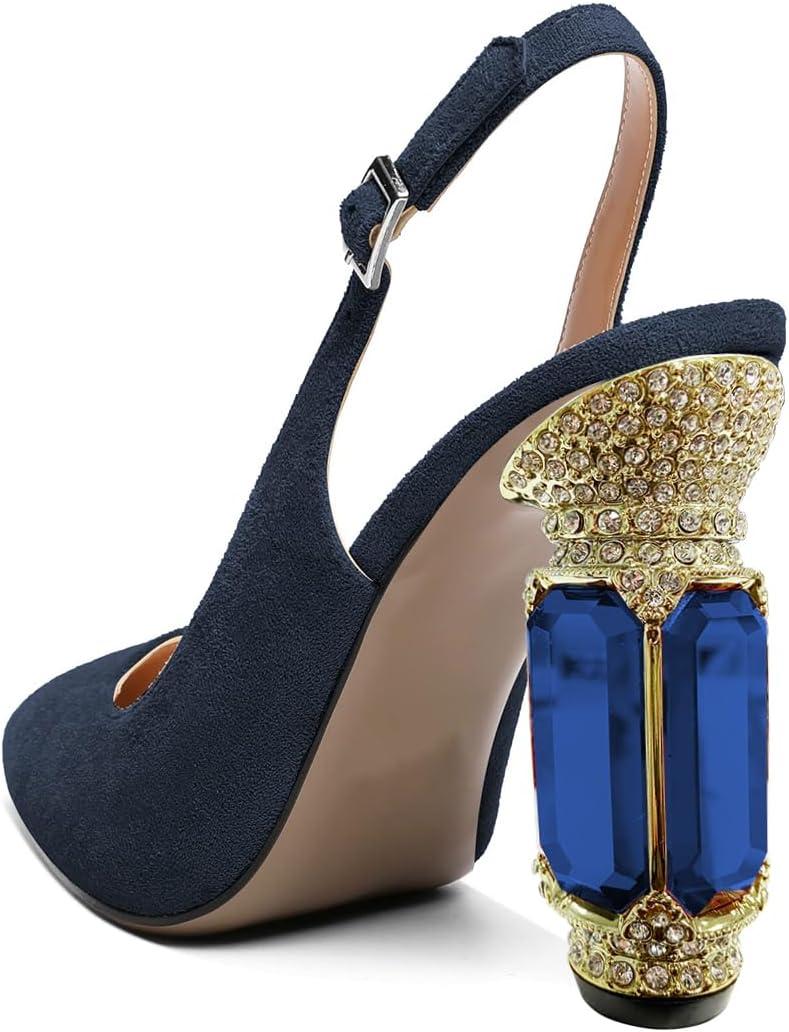 imageFSJ Women Crystal Chunky Heel Slingback Pumps Block High Heels Sandals Sexy Pointed Toe Ankle Buckle Wedding Cocktail Shoes Size 415 USNavy Suede