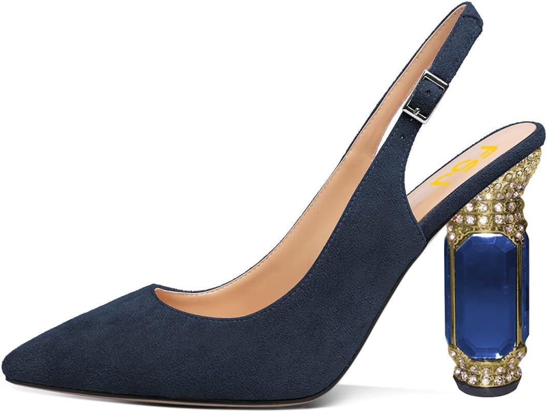 imageFSJ Women Crystal Chunky Heel Slingback Pumps Block High Heels Sandals Sexy Pointed Toe Ankle Buckle Wedding Cocktail Shoes Size 415 USNavy Suede