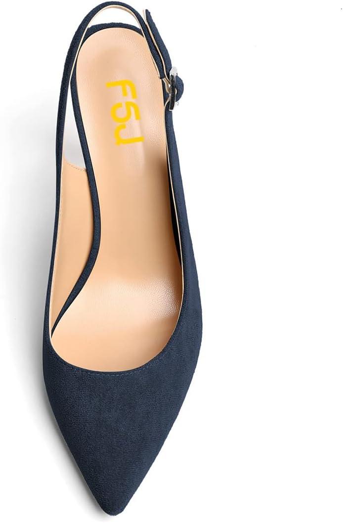 imageFSJ Women Crystal Chunky Heel Slingback Pumps Block High Heels Sandals Sexy Pointed Toe Ankle Buckle Wedding Cocktail Shoes Size 415 USNavy Suede