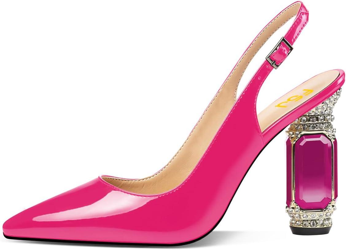 imageFSJ Women Crystal Chunky Heel Slingback Pumps Block High Heels Sandals Sexy Pointed Toe Ankle Buckle Wedding Cocktail Shoes Size 415 USPink