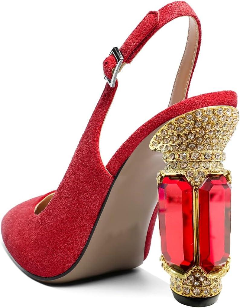imageFSJ Women Crystal Chunky Heel Slingback Pumps Block High Heels Sandals Sexy Pointed Toe Ankle Buckle Wedding Cocktail Shoes Size 415 USRed Suede