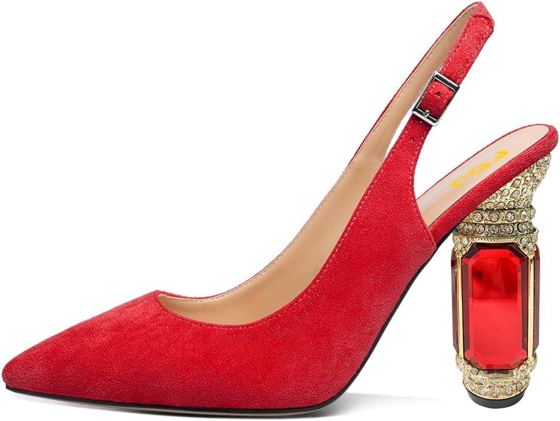 imageFSJ Women Crystal Chunky Heel Slingback Pumps Block High Heels Sandals Sexy Pointed Toe Ankle Buckle Wedding Cocktail Shoes Size 415 USRed Suede