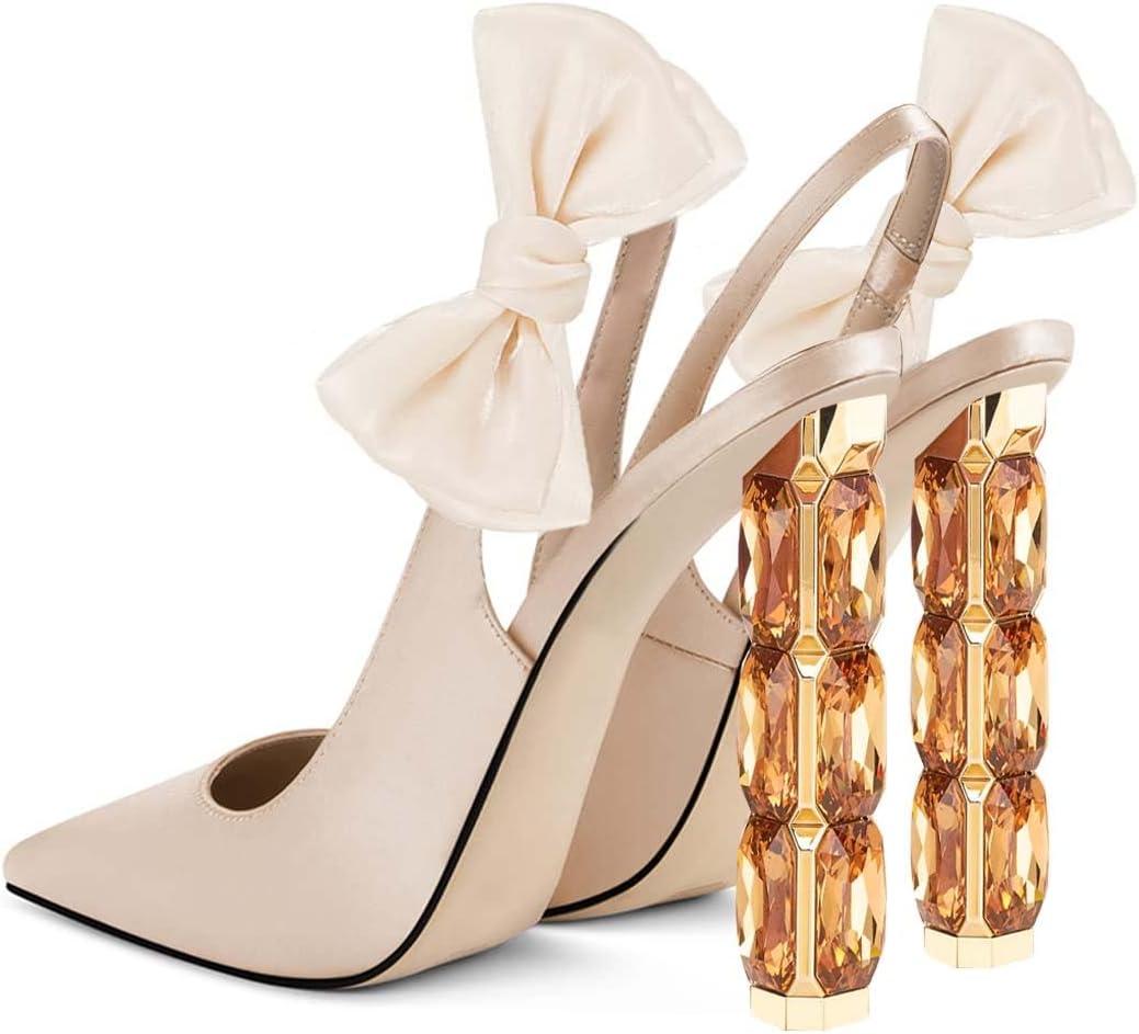 imageFSJ Women Cute Pointed Toe Stiletto High Heel Ankle Strap Pumps Rhinestone Bowknot Slingback Slip On Party Dress Shoes Size 415 USBeige Crystal Heel