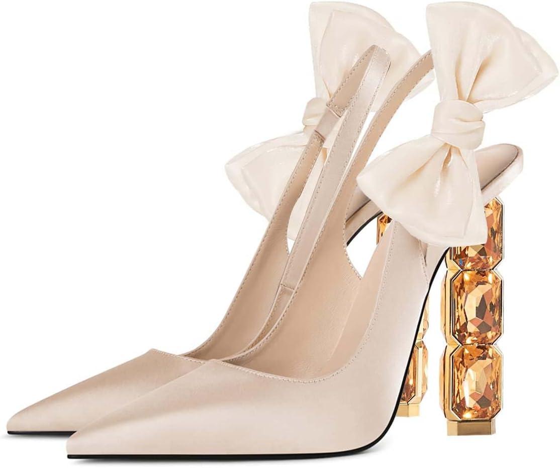 imageFSJ Women Cute Pointed Toe Stiletto High Heel Ankle Strap Pumps Rhinestone Bowknot Slingback Slip On Party Dress Shoes Size 415 USBeige Crystal Heel