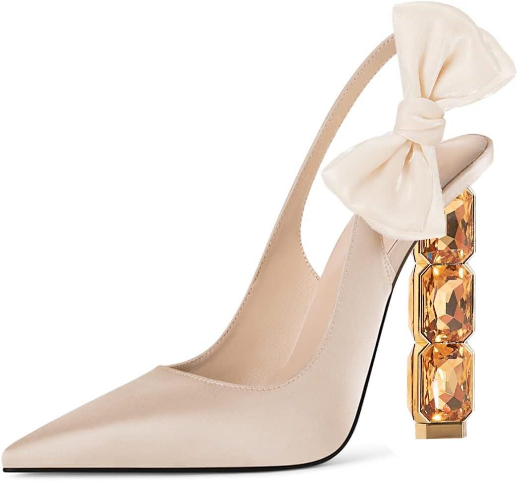 imageFSJ Women Cute Pointed Toe Stiletto High Heel Ankle Strap Pumps Rhinestone Bowknot Slingback Slip On Party Dress Shoes Size 415 USBeige Crystal Heel