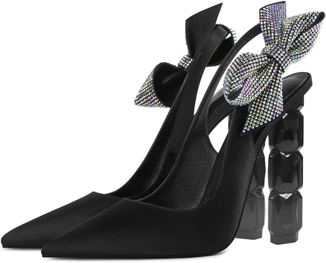 imageFSJ Women Cute Pointed Toe Stiletto High Heel Ankle Strap Pumps Rhinestone Bowknot Slingback Slip On Party Dress Shoes Size 415 USBlack Crystal Heel