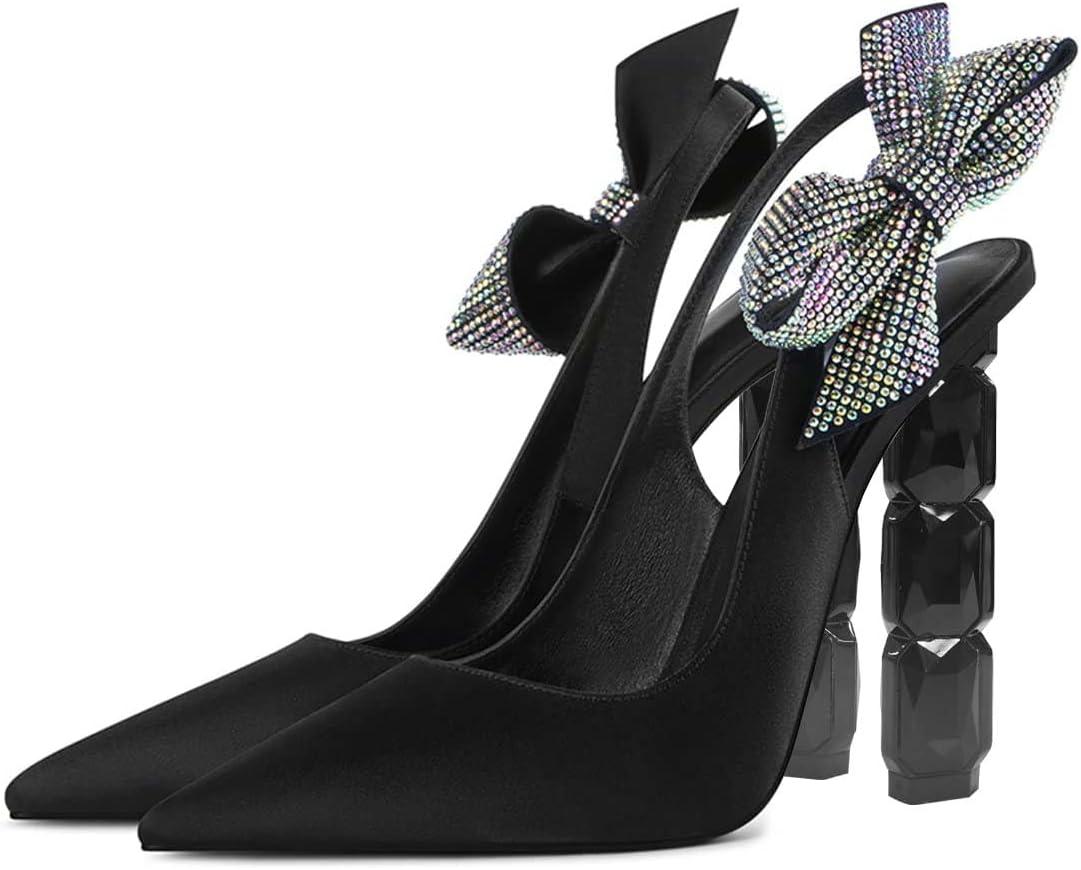 imageFSJ Women Cute Pointed Toe Stiletto High Heel Ankle Strap Pumps Rhinestone Bowknot Slingback Slip On Party Dress Shoes Size 415 USBlack Crystal Heel