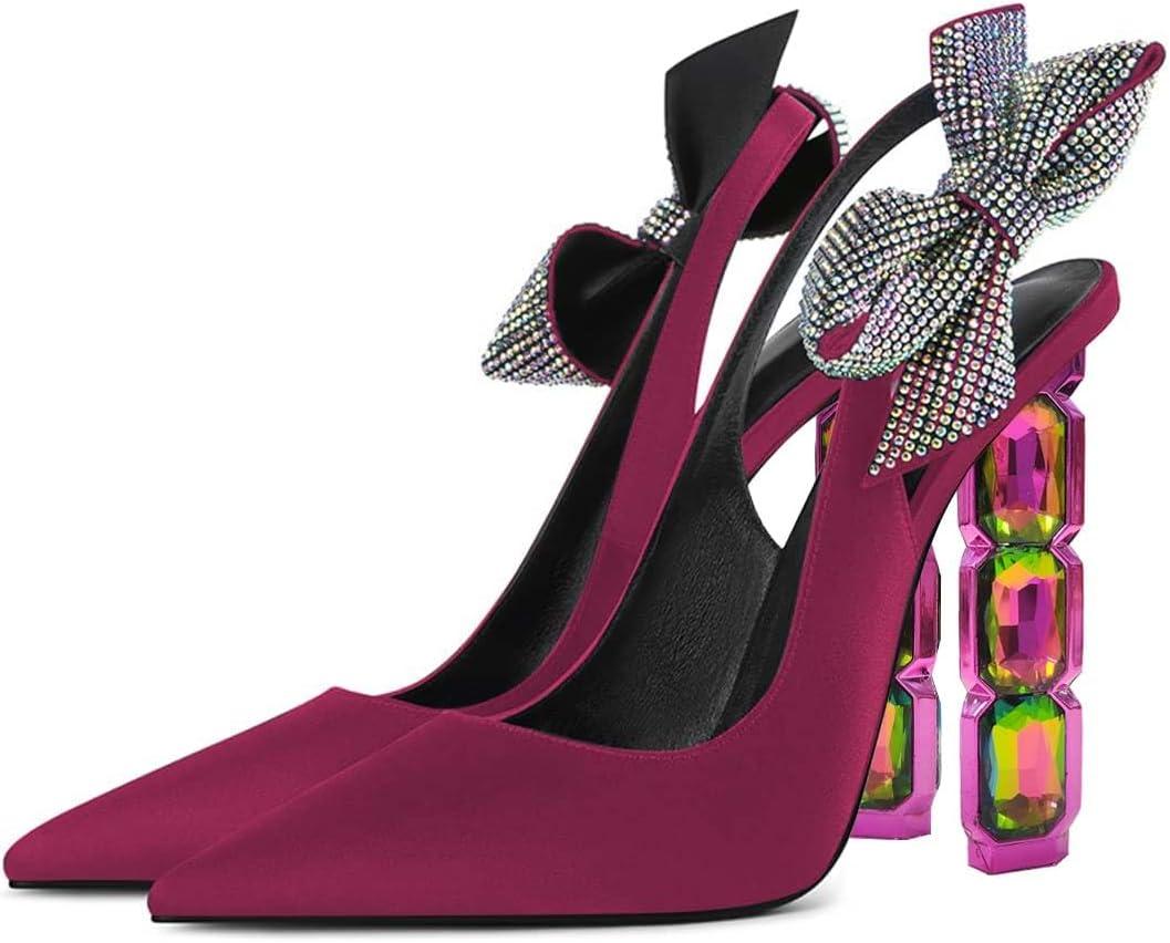 imageFSJ Women Cute Pointed Toe Stiletto High Heel Ankle Strap Pumps Rhinestone Bowknot Slingback Slip On Party Dress Shoes Size 415 USFuchsia Crystal Heel