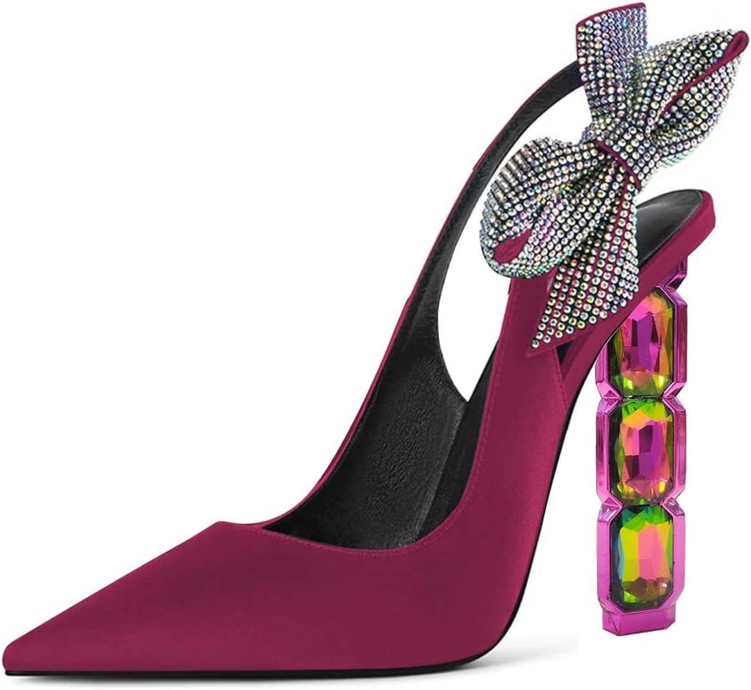 imageFSJ Women Cute Pointed Toe Stiletto High Heel Ankle Strap Pumps Rhinestone Bowknot Slingback Slip On Party Dress Shoes Size 415 USFuchsia Crystal Heel