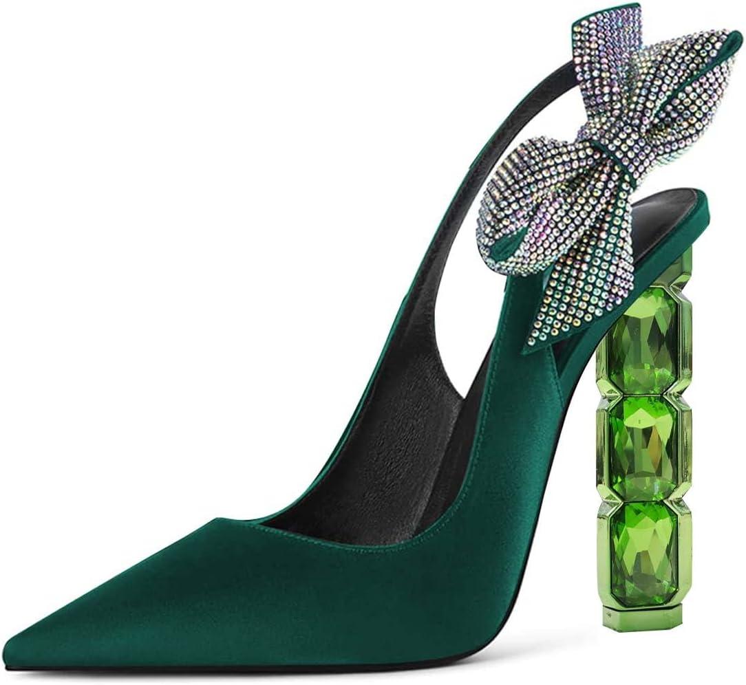 imageFSJ Women Cute Pointed Toe Stiletto High Heel Ankle Strap Pumps Rhinestone Bowknot Slingback Slip On Party Dress Shoes Size 415 USGreen Crystal Heel