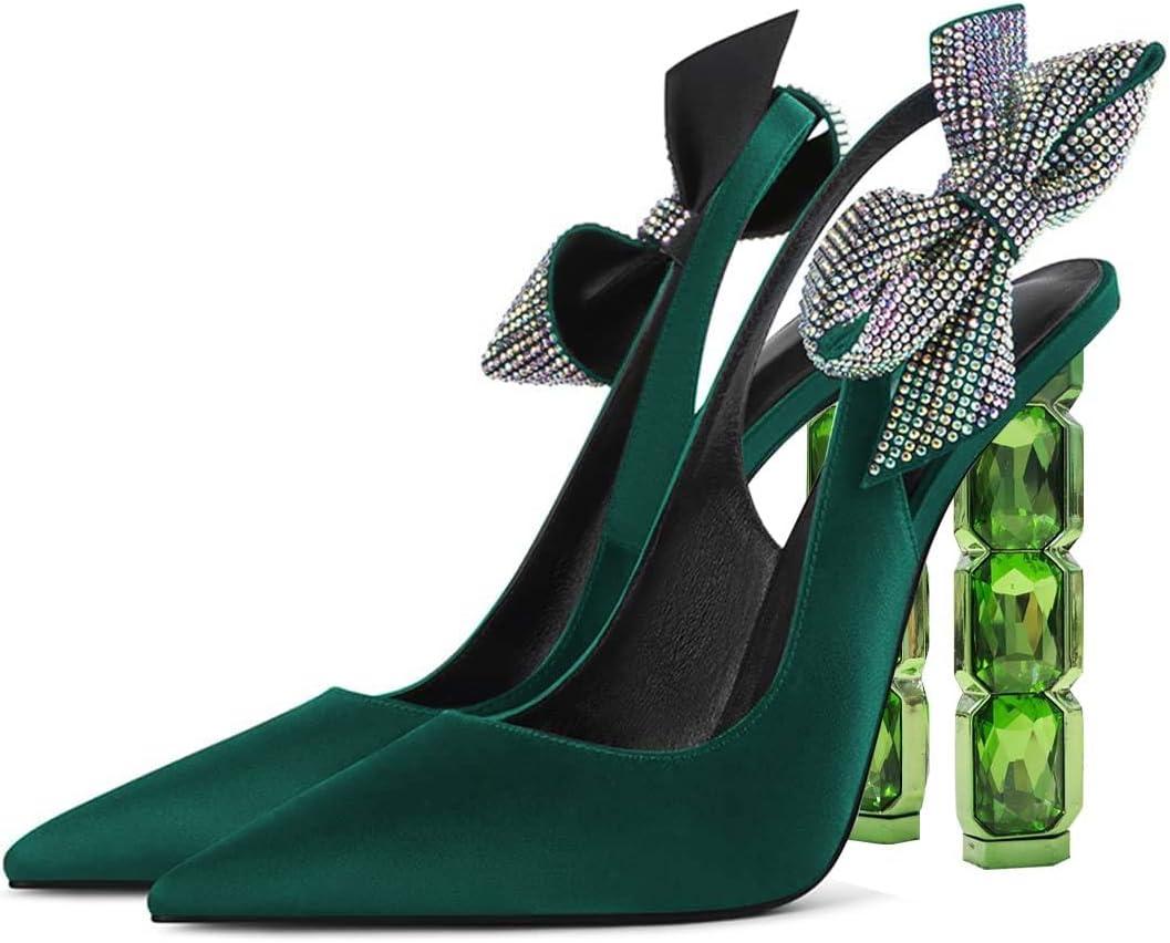 imageFSJ Women Cute Pointed Toe Stiletto High Heel Ankle Strap Pumps Rhinestone Bowknot Slingback Slip On Party Dress Shoes Size 415 USGreen Crystal Heel