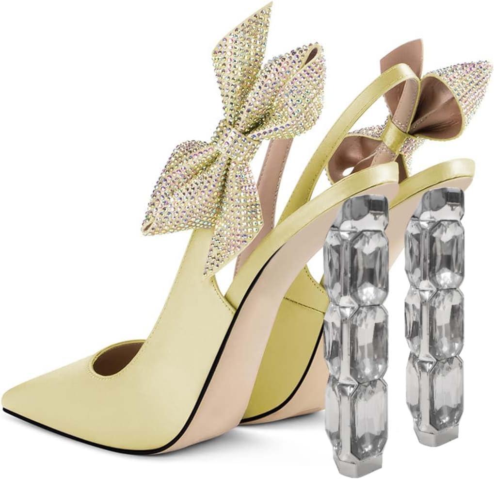 imageFSJ Women Cute Pointed Toe Stiletto High Heel Ankle Strap Pumps Rhinestone Bowknot Slingback Slip On Party Dress Shoes Size 415 USLightyellow Crystal Heel