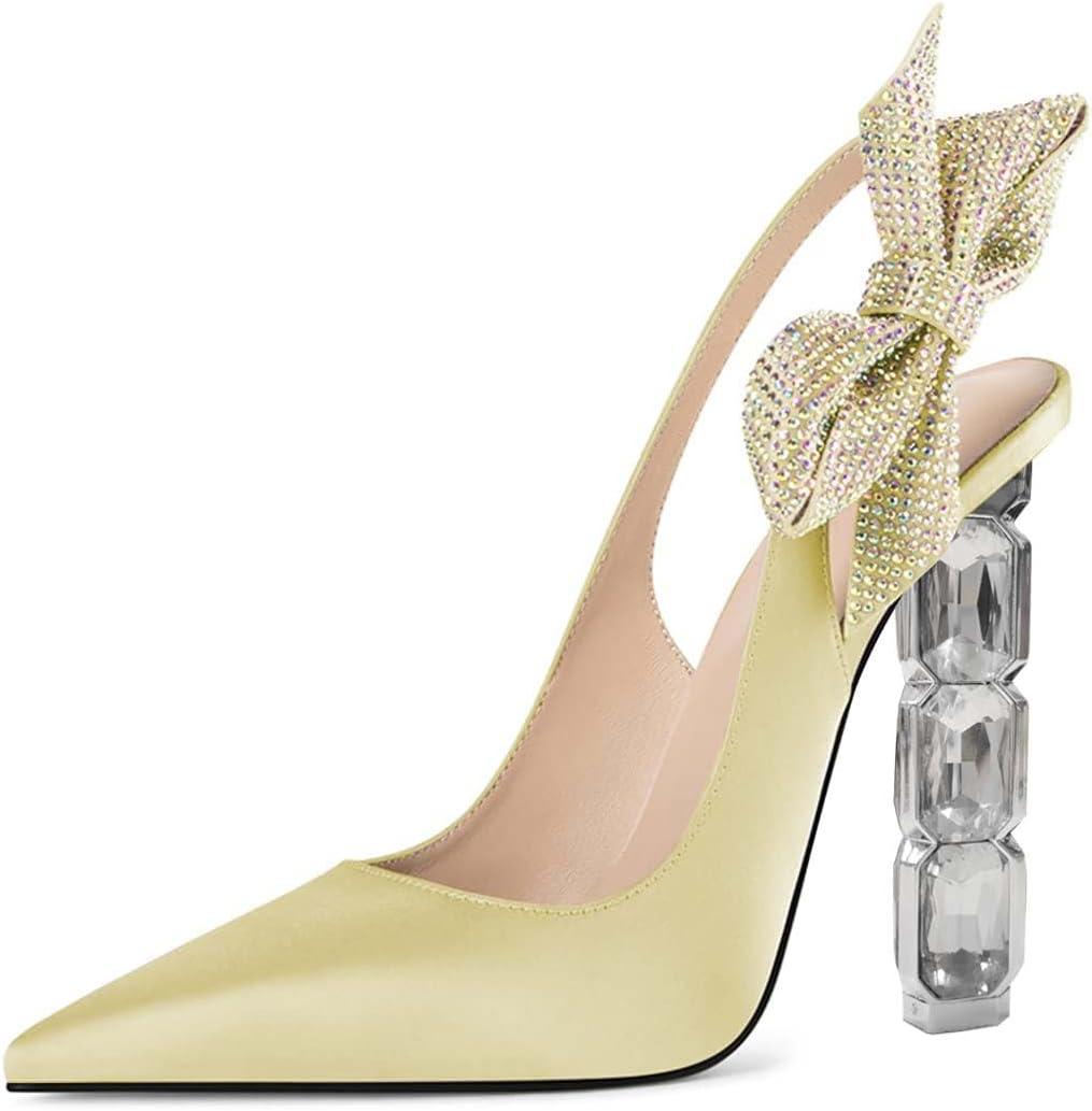 imageFSJ Women Cute Pointed Toe Stiletto High Heel Ankle Strap Pumps Rhinestone Bowknot Slingback Slip On Party Dress Shoes Size 415 USLightyellow Crystal Heel