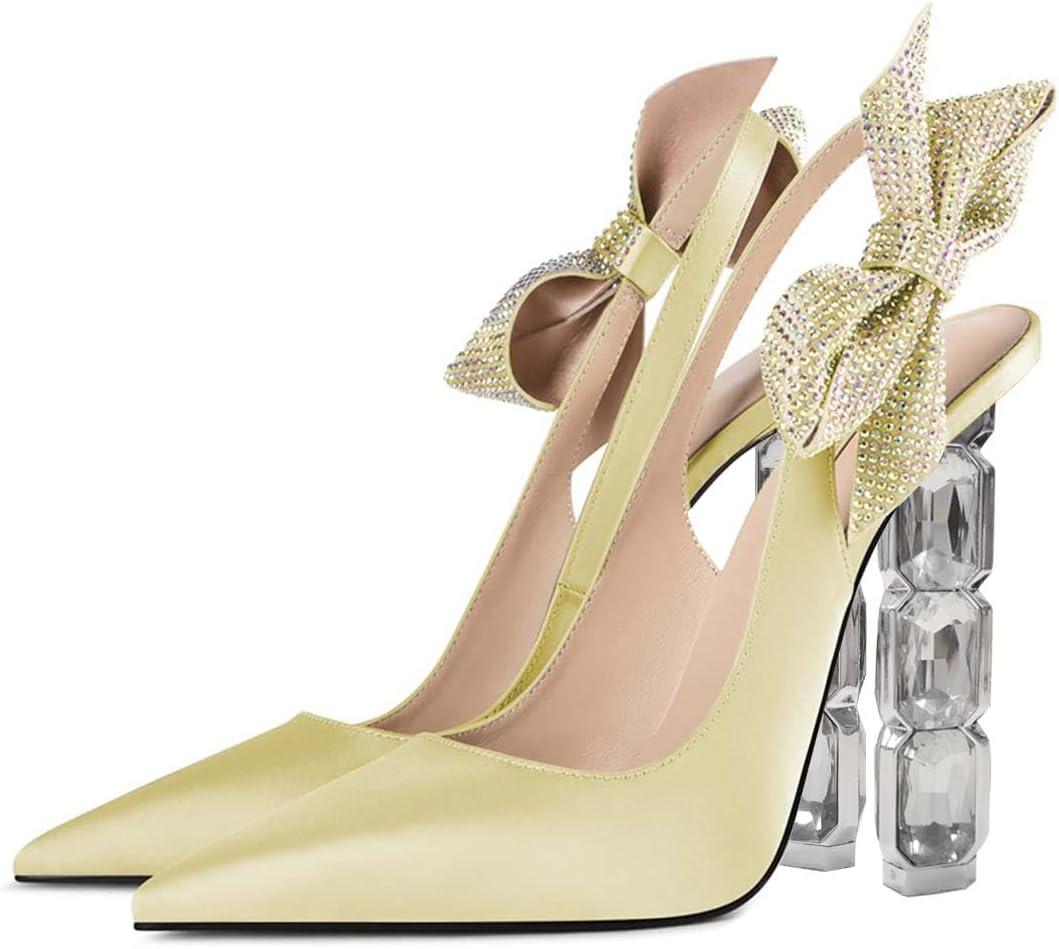imageFSJ Women Cute Pointed Toe Stiletto High Heel Ankle Strap Pumps Rhinestone Bowknot Slingback Slip On Party Dress Shoes Size 415 USLightyellow Crystal Heel
