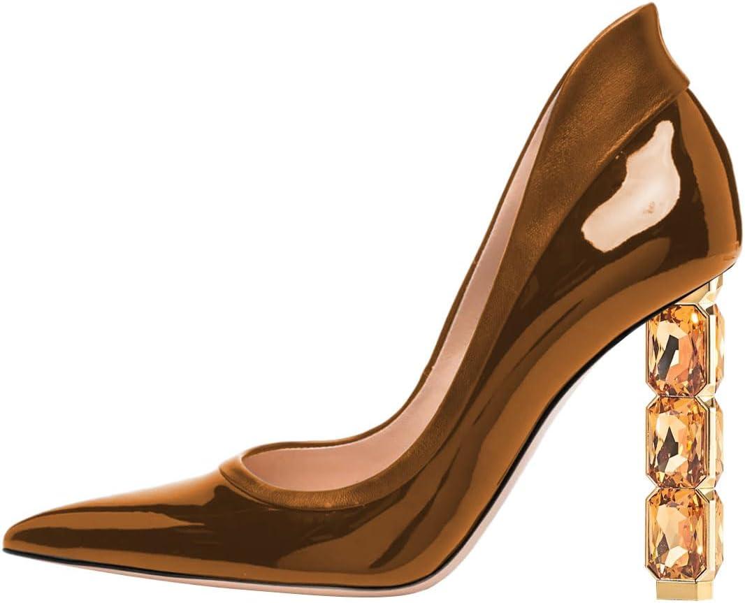 imageFSJ Women Pointed Toe Slip On Crystal Pumps Gorgeous Three Diamonds High Heel Bridal Wedding Comfort Party Dress Shoes Size 416 USBrown