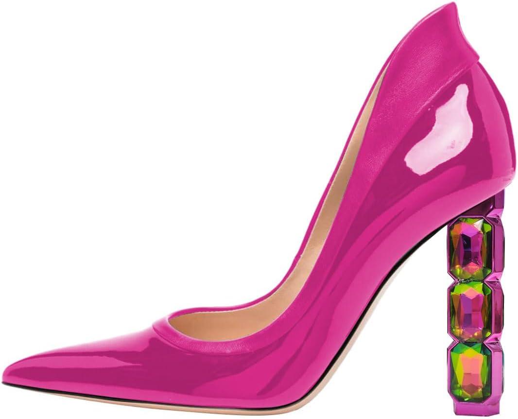 imageFSJ Women Pointed Toe Slip On Crystal Pumps Gorgeous Three Diamonds High Heel Bridal Wedding Comfort Party Dress Shoes Size 416 USDeep Pink