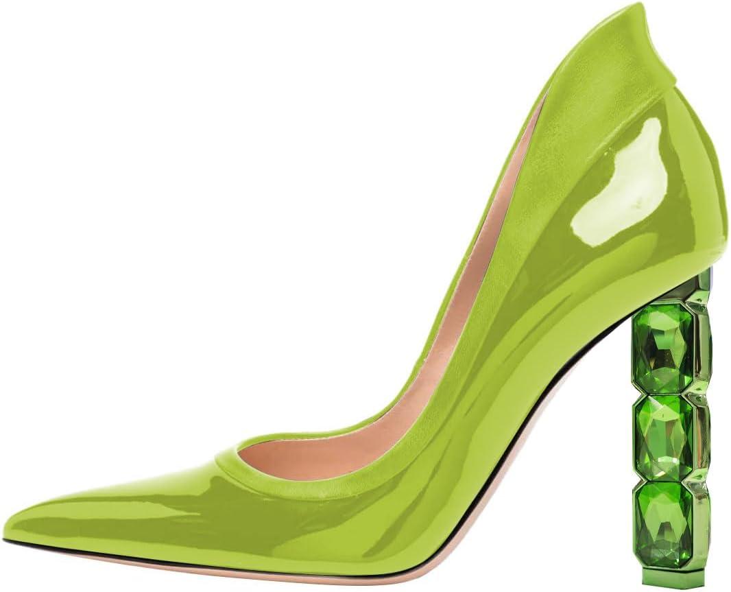 imageFSJ Women Pointed Toe Slip On Crystal Pumps Gorgeous Three Diamonds High Heel Bridal Wedding Comfort Party Dress Shoes Size 416 USLime Green