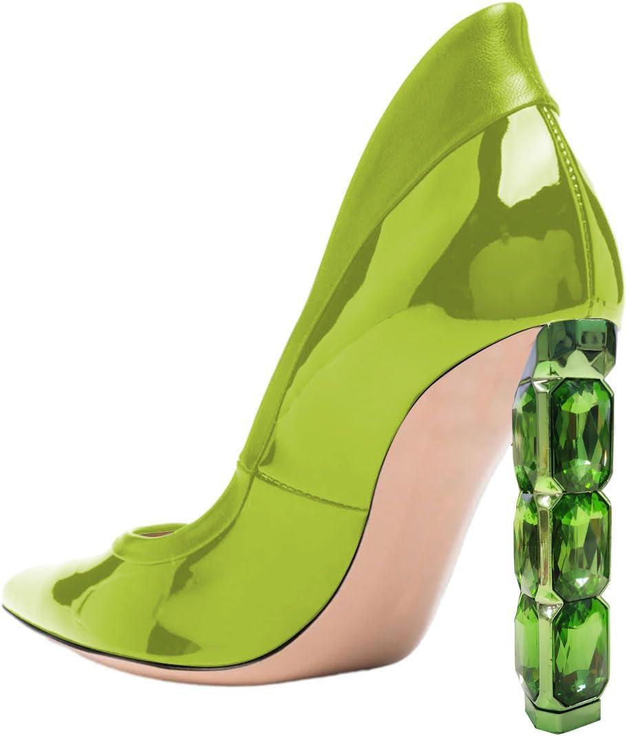 imageFSJ Women Pointed Toe Slip On Crystal Pumps Gorgeous Three Diamonds High Heel Bridal Wedding Comfort Party Dress Shoes Size 416 USLime Green