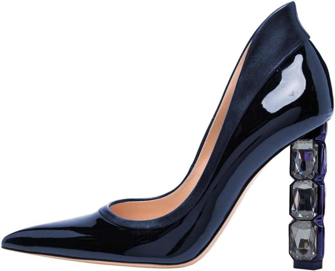 imageFSJ Women Pointed Toe Slip On Crystal Pumps Gorgeous Three Diamonds High Heel Bridal Wedding Comfort Party Dress Shoes Size 416 USNavy Blue