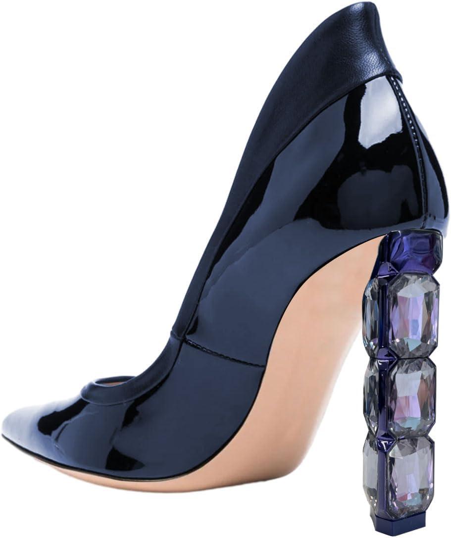 imageFSJ Women Pointed Toe Slip On Crystal Pumps Gorgeous Three Diamonds High Heel Bridal Wedding Comfort Party Dress Shoes Size 416 USNavy Blue
