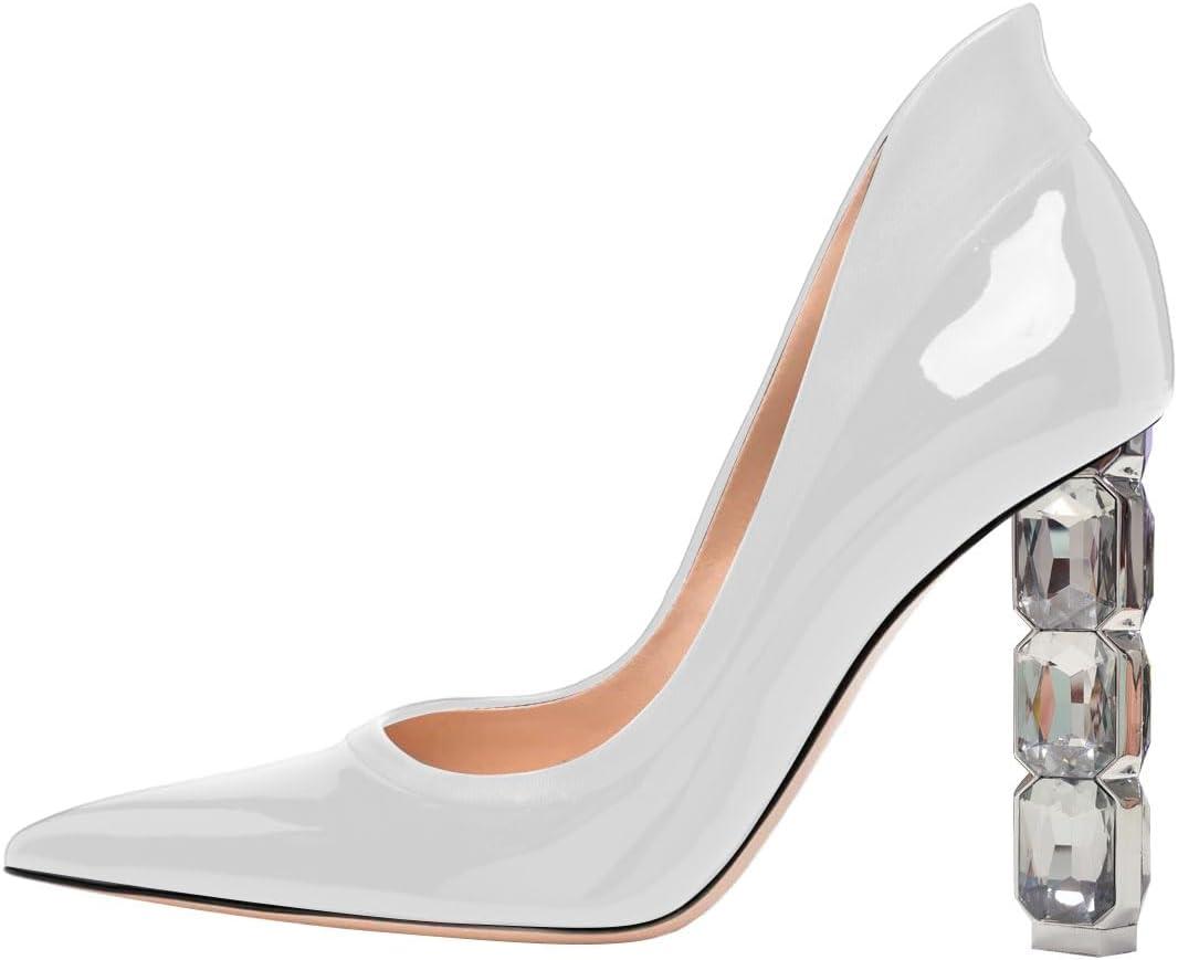 imageFSJ Women Pointed Toe Slip On Crystal Pumps Gorgeous Three Diamonds High Heel Bridal Wedding Comfort Party Dress Shoes Size 416 USWhite